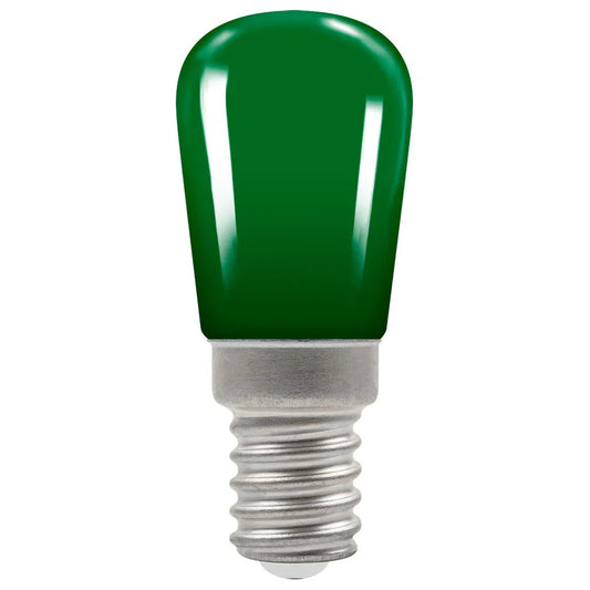 Green LED light bulb with small screw base, ideal for electrical lighting applications