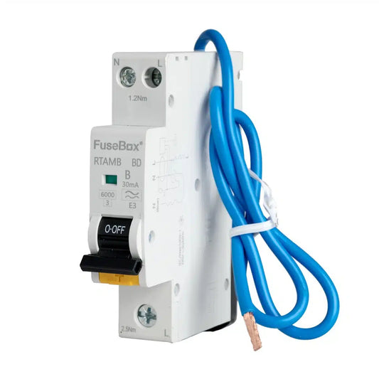 Mini 10A B RCBO 1P Plus N SW 30mA 6kA Type A Bi Directional Circuit Breaker Compact Space Saving Unit by Fusebox