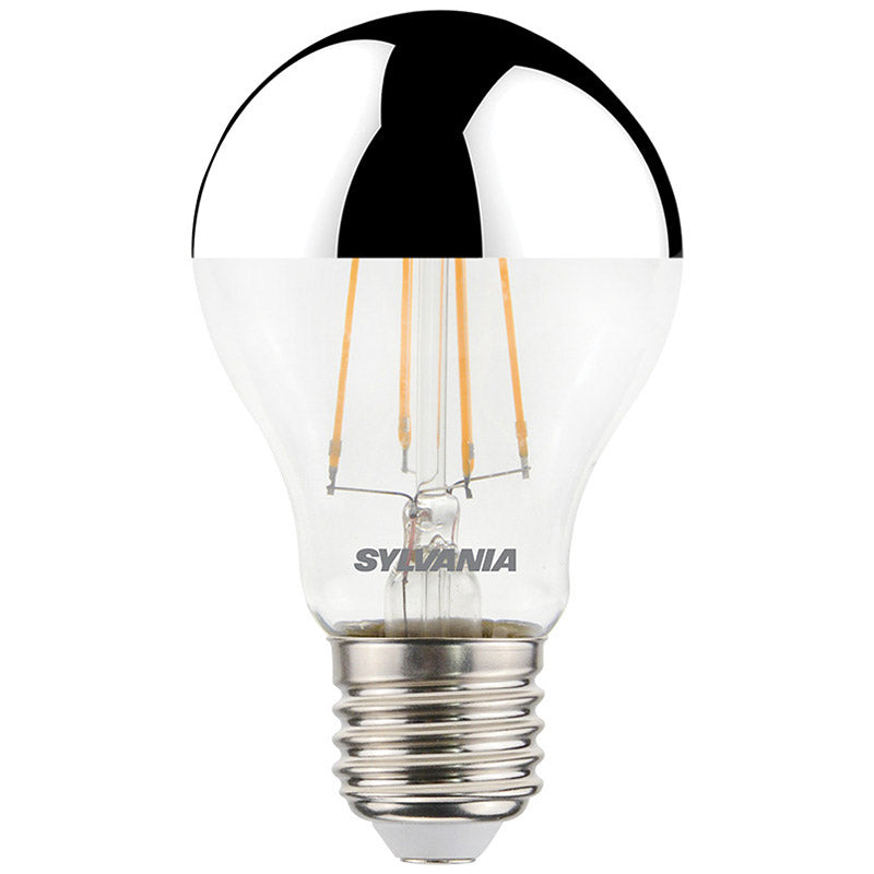 LED filament light bulb with silver crown top and E27 screw base