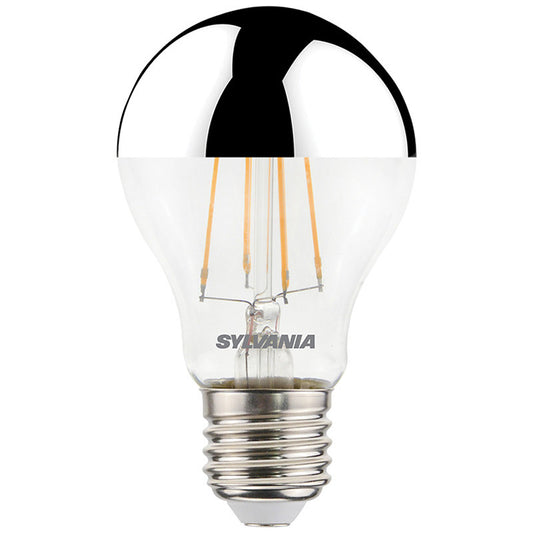 LED filament light bulb with silver crown top and E27 screw base