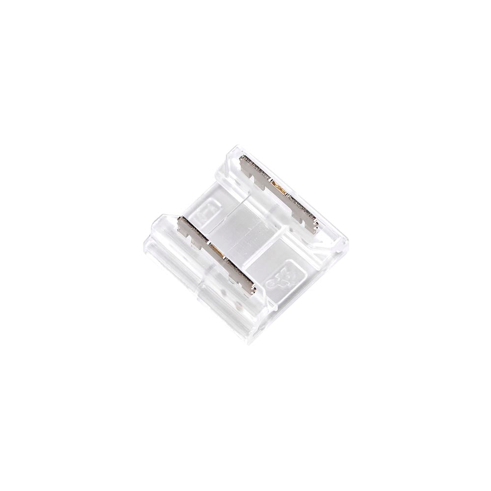 Clear LED strip light connector for electrical lighting installations on white background
