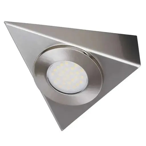 Brushed nickel triangular LED cabinet light with circular module and integrated driver, 3000K warm white.