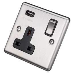 eurolite Eurolite 13A 1 Gang Switched Socket with USB Outlet Black Insert Satin Stainless Steel - eurolite Eurolite 13A 1 Gang Switched Socket with USB Outlet Black Insert Satin Stainless Steel