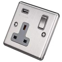 eurolite Eurolite 13A 1 Gang Switched Socket with USB Outlet Grey Insert Satin Stainless Steel - eurolite Eurolite 13A 1 Gang Switched Socket with USB Outlet Grey Insert Satin Stainless Steel