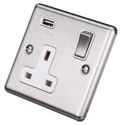 eurolite Eurolite 13A 1 Gang Switched Socket with USB Outlet White Insert Satin Stainless Steel - eurolite Eurolite 13A 1 Gang Switched Socket with USB Outlet White Insert Satin Stainless Steel