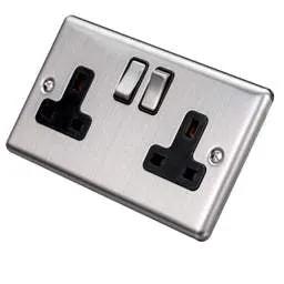 eurolite Eurolite 13A DP 2 Gang Switched Socket Black Insert Satin Stainless Steel - eurolite Eurolite 13A DP 2 Gang Switched Socket Black Insert Satin Stainless Steel
