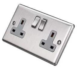 eurolite Eurolite 13A DP 2 Gang Switched Socket Grey Insert Satin Stainless Steel - eurolite Eurolite 13A DP 2 Gang Switched Socket Grey Insert Satin Stainless Steel