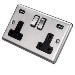 eurolite Eurolite 13A 2 Gang Switched Socket with Twin USB Black Insert Satin Stainless Steel - eurolite Eurolite 13A 2 Gang Switched Socket with Twin USB Black Insert Satin Stainless Steel