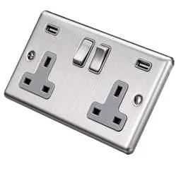 eurolite Eurolite 13A 2 Gang Switched Socket with Twin USB Grey Insert Satin Stainless Steel - eurolite Eurolite 13A 2 Gang Switched Socket with Twin USB Grey Insert Satin Stainless Steel