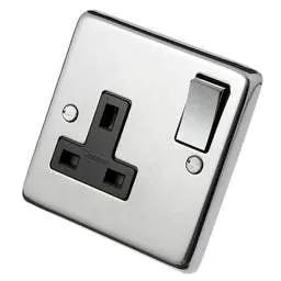 eurolite Eurolite 13A DP 1 Gang Switched Socket Metal / Black Insert Polished Stainless Steel - eurolite Eurolite 13A DP 1 Gang Switched Socket Metal / Black Insert Polished Stainless Steel