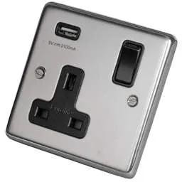 eurolite Eurolite 13A 1 Gang Socket with USB Outlet Black Insert Polished Stainless Steel - eurolite Eurolite 13A 1 Gang Socket with USB Outlet Black Insert Polished Stainless Steel