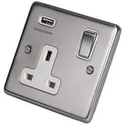 eurolite Eurolite 13A 1 Gang Socket with USB Outlet Metal / White Insert Polished Stainless Steel - eurolite Eurolite 13A 1 Gang Socket with USB Outlet Metal / White Insert Polished Stainless Steel