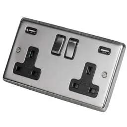 eurolite Eurolite 13A 2 Gang Switched Socket Twin USB Metal/Black Insert Polished Stainless Steel - eurolite Eurolite 13A 2 Gang Switched Socket Twin USB Metal/Black Insert Polished Stainless Steel