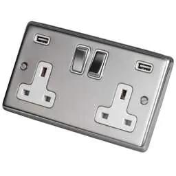 eurolite Eurolite 13A 2 Gang Switched Socket Twin USB Metal/White Insert Polished Stainless Steel - eurolite Eurolite 13A 2 Gang Switched Socket Twin USB Metal/White Insert Polished Stainless Steel