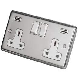 eurolite Eurolite 13A 2 Gang Switched Socket with Twin USB White Insert Polished Stainless Steel - eurolite Eurolite 13A 2 Gang Switched Socket with Twin USB White Insert Polished Stainless Steel