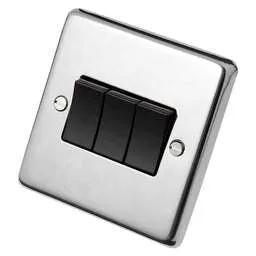 eurolite Eurolite 10A 3 Gang 2 Way Light Switch Black Insert Polished Stainless Steel - eurolite Eurolite 10A 3 Gang 2 Way Light Switch Black Insert Polished Stainless Steel