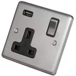 eurolite Eurolite 13A 1 Gang Socket with USB Outlet Metal / Black Insert Satin Stainless Steel - eurolite Eurolite 13A 1 Gang Socket with USB Outlet Metal / Black Insert Satin Stainless Steel