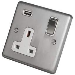 eurolite Eurolite 13A 1 Gang Socket with USB Outlet Metal / White Insert Satin Stainless Steel - eurolite Eurolite 13A 1 Gang Socket with USB Outlet Metal / White Insert Satin Stainless Steel