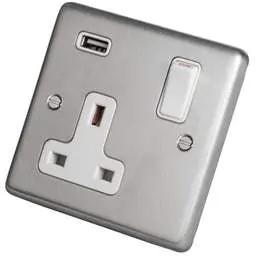 eurolite Eurolite 13A 1 Gang Socket with USB Charger White Insert Satin Stainless Steel - eurolite Eurolite 13A 1 Gang Socket with USB Charger White Insert Satin Stainless Steel