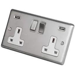 eurolite Eurolite 13A 2 Gang Switched Socket Twin USB Metal/White Insert Satin Stainless Steel - eurolite Eurolite 13A 2 Gang Switched Socket Twin USB Metal/White Insert Satin Stainless Steel