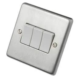 eurolite Eurolite 10A 3 Gang 2 Way Light Switch White Insert Satin Stainless Steel - eurolite Eurolite 10A 3 Gang 2 Way Light Switch White Insert Satin Stainless Steel