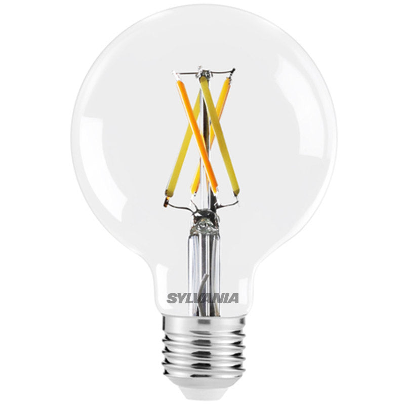 Clear LED filament globe light bulb with screw base, energy-efficient lighting