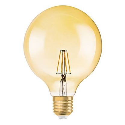 Vintage style dimmable LED globe light bulb with E27 base and warm amber glow