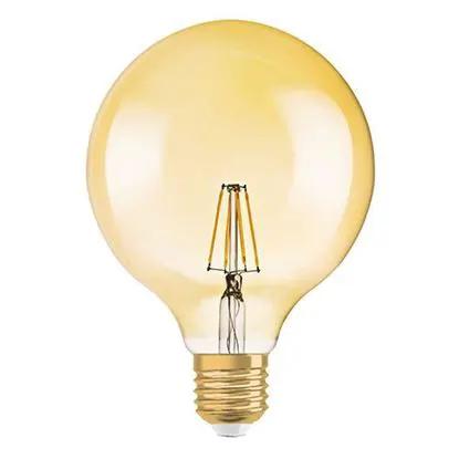 Vintage style dimmable LED globe light bulb with E27 base and warm amber glow