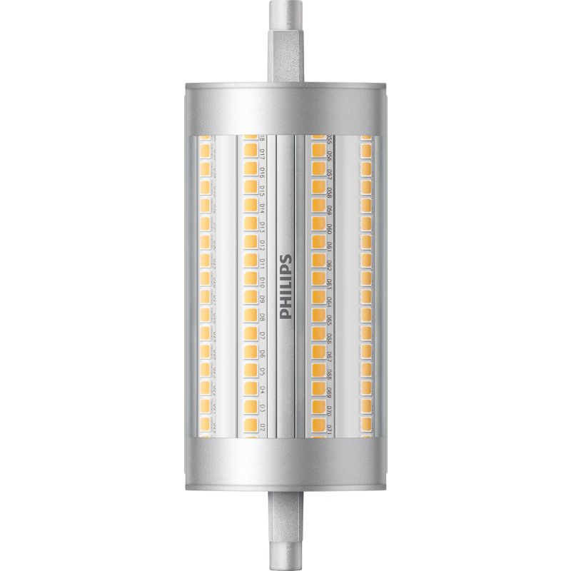 R7S LED lamp 230V with multiple yellow LED chips and silver casing, close-up view