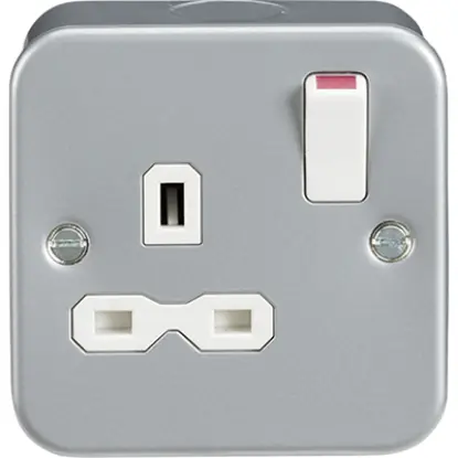 Metal-clad 13A 1 gang double pole switched socket with white switch, UK wiring accessory