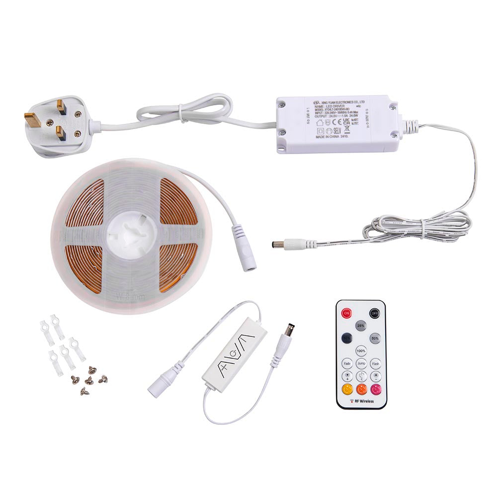 LED strip light kit with UK plug, remote control, connectors and power adapter
