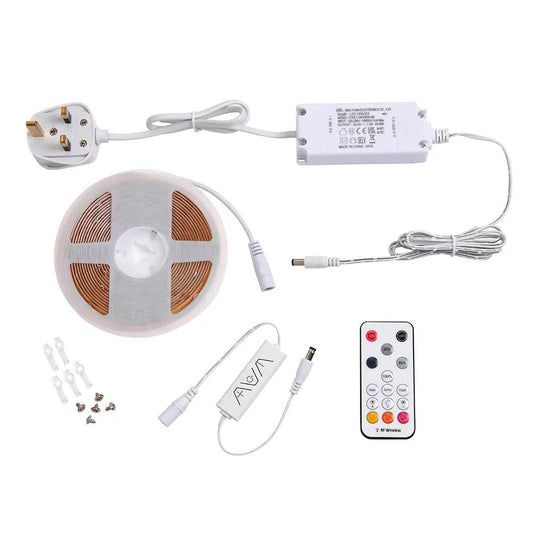 LED strip light kit with UK plug, remote control, connectors and power adapter