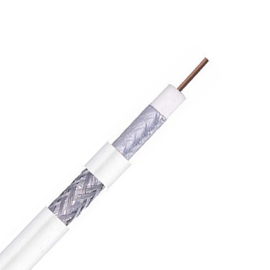 White RG6 coaxial cable section with copper core and PVC insulation, cutaway view