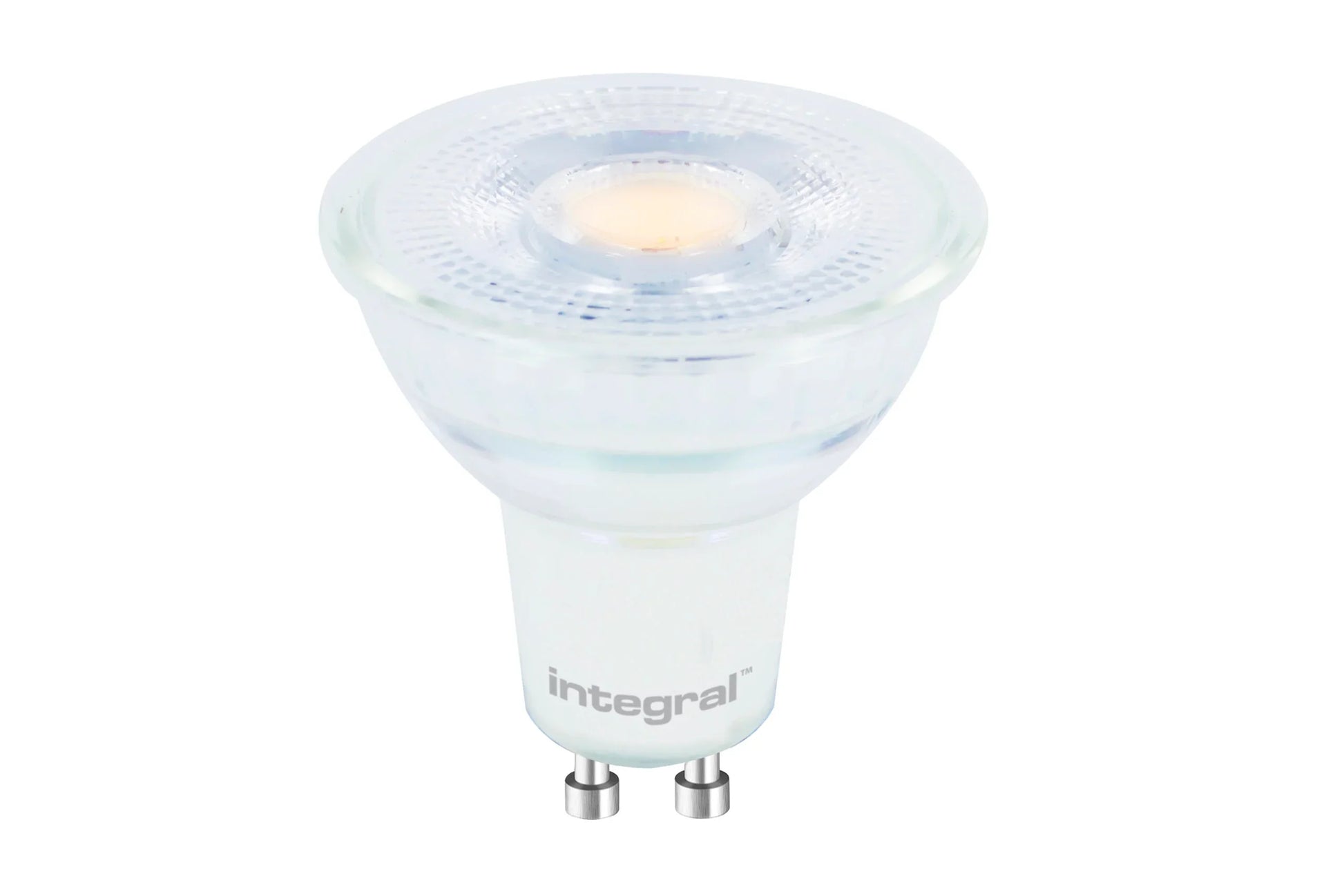 GU10 LED light bulb with clear lens and white base for home and business lighting