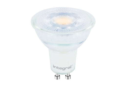 GU10 LED light bulb with clear lens and white base for home and business lighting