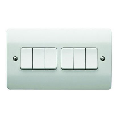 White 2 gang 6 way single pole electrical light switch on white background