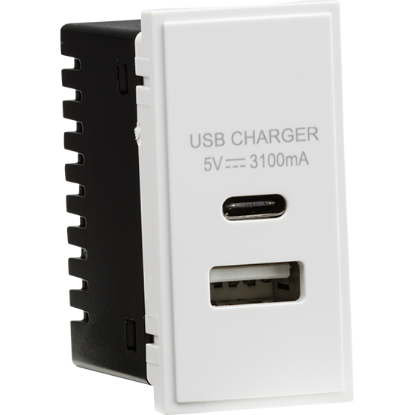 White dual USB wall module with USB-A and USB-C charging ports, 5V 3.1A output.