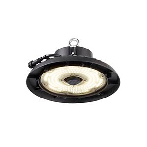 Round industrial LED ceiling light fixture with black metal frame, energy efficient design
