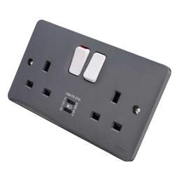 Electrical Lighting Hager Sollysta 13A DP 2 Gang Switched Socket with 2 x Type C USB Part M Grey - Electrical Lighting Hager Sollysta 13A DP 2 Gang Switched Socket with 2 x Type C USB Part M Grey