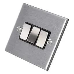 hamilton Hamilton 10A 3 Gang 2 Way Light Switch Black Insert Satin Steel - hamilton Hamilton 10A 3 Gang 2 Way Light Switch Black Insert Satin Steel