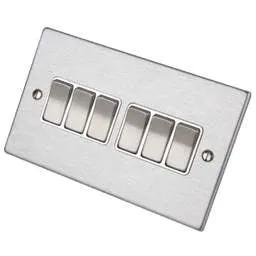 hamilton Hamilton 10A 6 Gang 2 Way Light Switch White Insert Satin Steel - hamilton Hamilton 10A 6 Gang 2 Way Light Switch White Insert Satin Steel