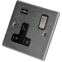 hamilton Hamilton 13A 1 Gang Switched Socket with USB Outlet Black Insert Satin Steel - hamilton Hamilton 13A 1 Gang Switched Socket with USB Outlet Black Insert Satin Steel