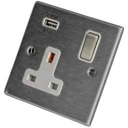 hamilton Hamilton 13A 1 Gang Switched Socket with USB Outlet White Insert Satin Steel - hamilton Hamilton 13A 1 Gang Switched Socket with USB Outlet White Insert Satin Steel