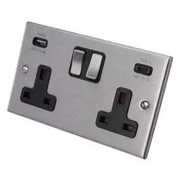 hamilton Hamilton 13A 2 Gang Switched Socket with Twin USB Outlets Black Insert Satin Steel - hamilton Hamilton 13A 2 Gang Switched Socket with Twin USB Outlets Black Insert Satin Steel