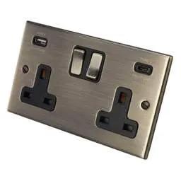 hamilton Hamilton 13A 2 Gang Switched Socket with Twin USB Outlets Black Insert Antique Brass - hamilton Hamilton 13A 2 Gang Switched Socket with Twin USB Outlets Black Insert Antique Brass