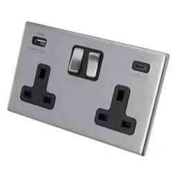 hamilton Hamilton 13A 2 Gang Socket with USB Outlets Black Insert Screwless Stainless Steel - hamilton Hamilton 13A 2 Gang Socket with USB Outlets Black Insert Screwless Stainless Steel
