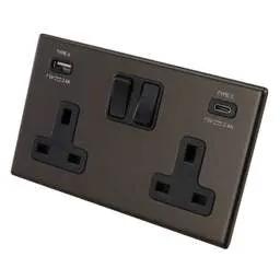 hamilton Hamilton 13A 2 Gang Switched Socket with USB Outlets Black Insert Screwless Bronze - hamilton Hamilton 13A 2 Gang Switched Socket with USB Outlets Black Insert Screwless Bronze