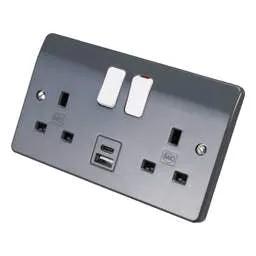 mk logic MK Logic Plus 13A 2 Gang Switched Socket with 1 x Type A and 1 x Type C USB Outlets Graphite - Electrical mk logic MK Logic Plus 13A 2 Gang Switched Socket with 1 x Type A and 1 x Type C USB Outlets Graphite Electrical