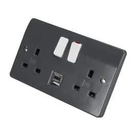 mk logic MK Logic Plus 13A 2 Gang Switched Socket with Type A / Type C Fast Charge USB Outlets Graphite - Electrical mk logic MK Logic Plus 13A 2 Gang Switched Socket with Type A / Type C Fast Charge USB Outlets Graphite Electrical