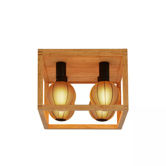 Searchlight Square 4Lt Flush - Natural Wood & Black Metal - Ceiling Lights Searchlight Square 4Lt Flush - Natural Wood & Black Metal Ceiling Lights